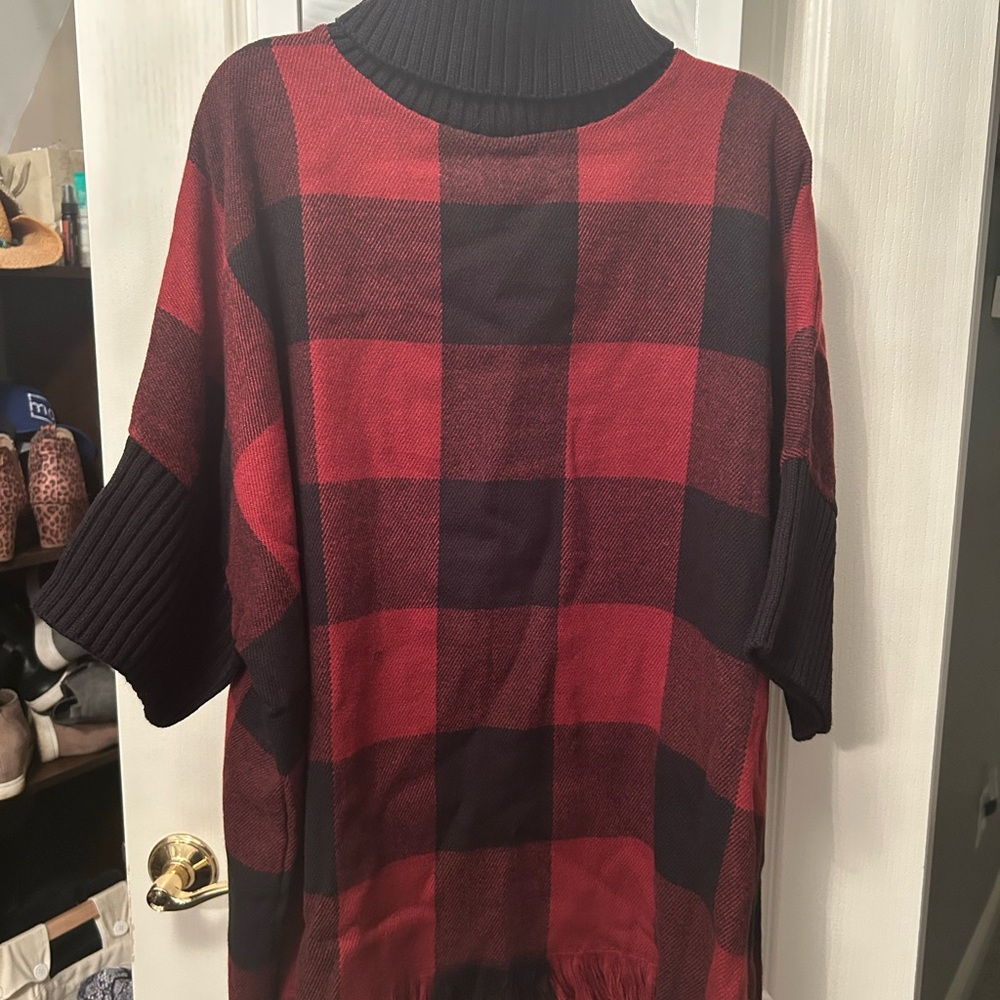Red and Black Plaid Turtleneck Poncho Sweater
